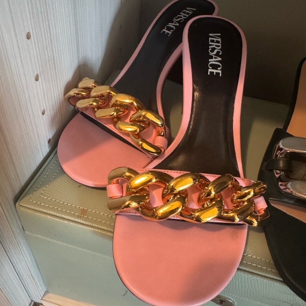 Versace Pink and Gold Women's Heeled Sandals - Picture 5 of 9